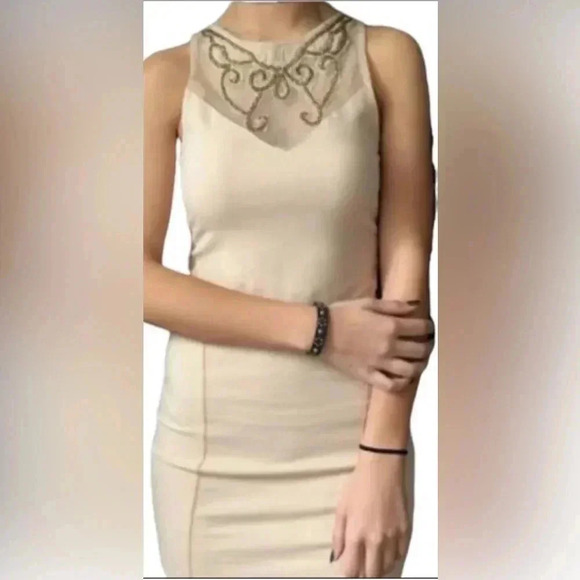 Free People Dress XS Nude Tan Beaded Bodycon Mini Party Cocktail - Picture 1 of 10